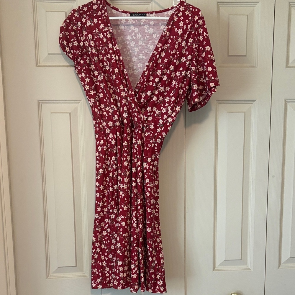 Fensace Burgundy Floral Dress – Deep V, Short Sleeve, Size M